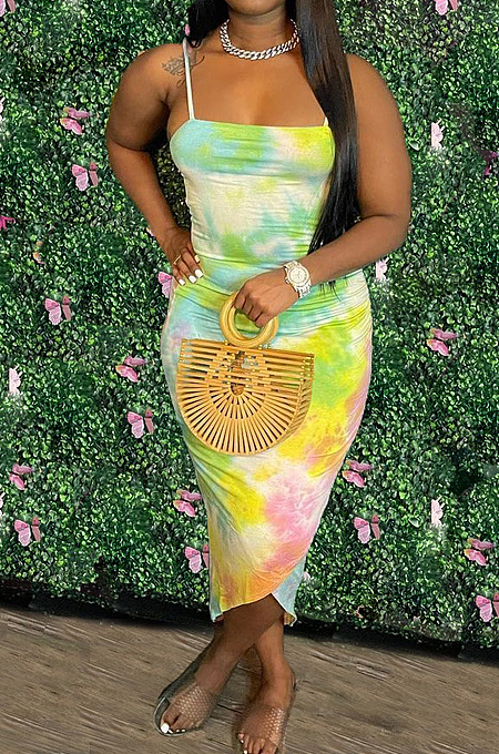 Fashion Tiie Dye Print Irregularity Cross Long Dress WM2329
