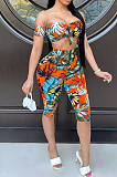 Women Casual Print Even The Sleeves Boob Tube Top Cropped Pants Suit TRS1127
