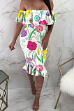 Lotus Leaf Neck Bandeau Bra Short Sleeve Fish Tail Printing Midi Dress MA6123