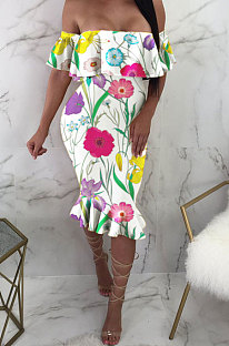 Lotus Leaf Neck Bandeau Bra Short Sleeve Fish Tail Printing Midi Dress MA6123