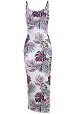 Open Fork Gallus Collect Waist Printing Knotted Strap Midi Dress JZH8043