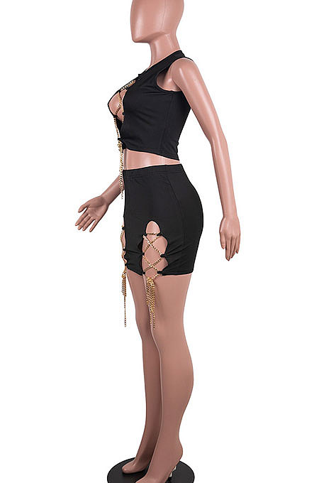 Sexy Open Fork Chain Pure Color Skirts Sets MA6672
