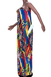 Pocket Printing Simple Giant Swing Loose Gallus Long Dress JZH8049