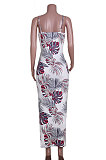 Open Fork Gallus Collect Waist Printing Knotted Strap Midi Dress JZH8043