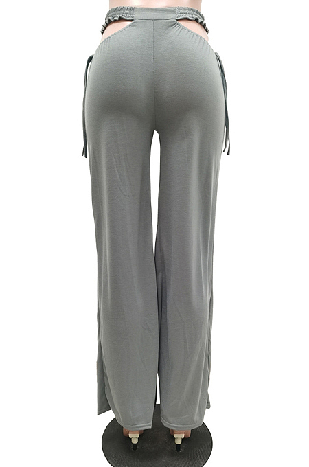 Casual Pure Color Hollow Out Waist Width Legs Flare Pants TRS1126