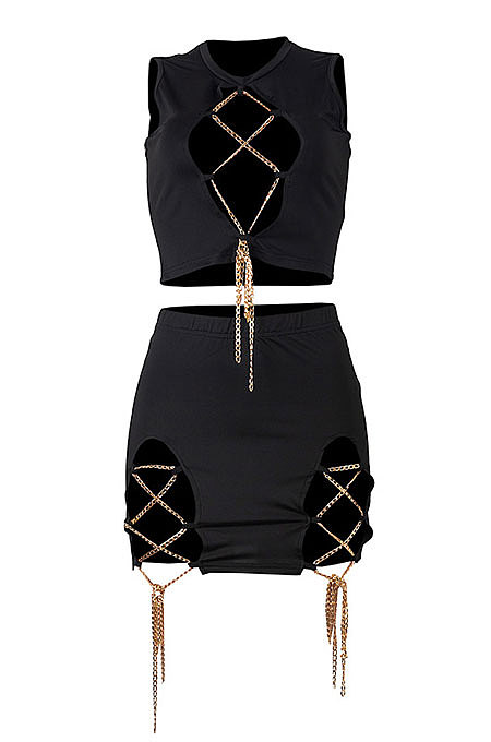 Sexy Open Fork Chain Pure Color Skirts Sets MA6672