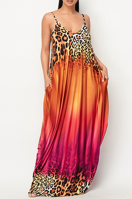 Casual Print Gradinet Loose Sling Long Dress F8352