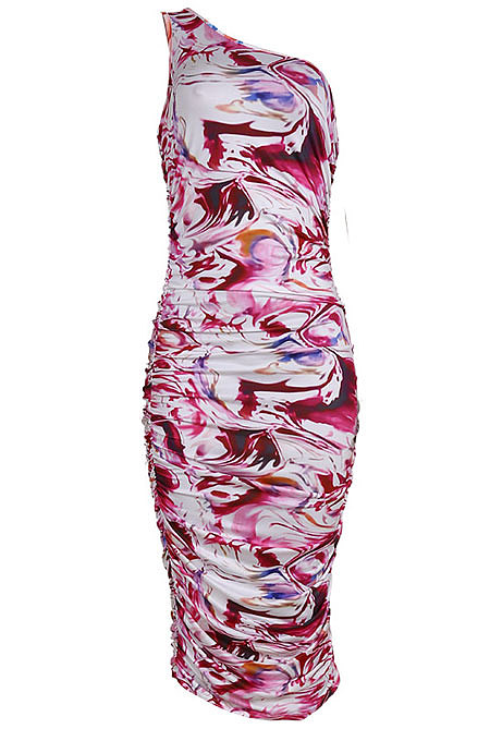 Inclined Shoulder Printing Shirred Detail Midi Dress JZH8042