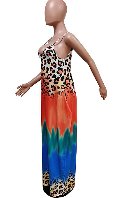 Casual Print Gradinet Loose Sling Long Dress F8352