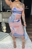 V Neck Printing Gallus Loose Back Hollow Out Midi Dress JZH8039