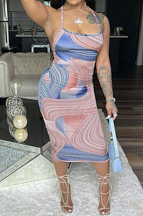V Neck Printing Gallus Loose Back Hollow Out Midi Dress JZH8039