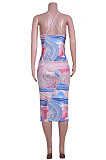 V Neck Printing Gallus Loose Back Hollow Out Midi Dress JZH8039