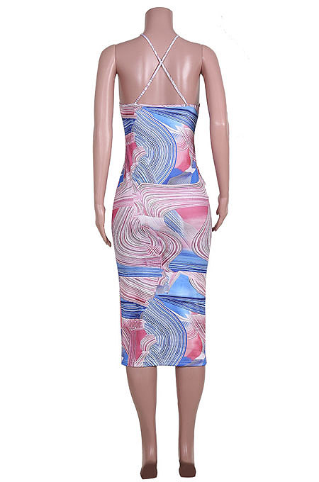 V Neck Printing Gallus Loose Back Hollow Out Midi Dress JZH8039