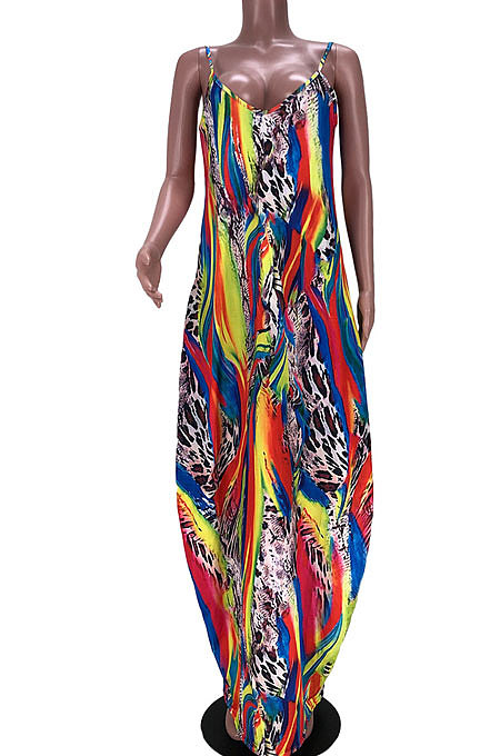 Pocket Printing Simple Giant Swing Loose Gallus Long Dress JZH8049