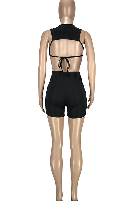Fashion Pure Color Halterneck Bind Loose Sport Two-Piece SM9166