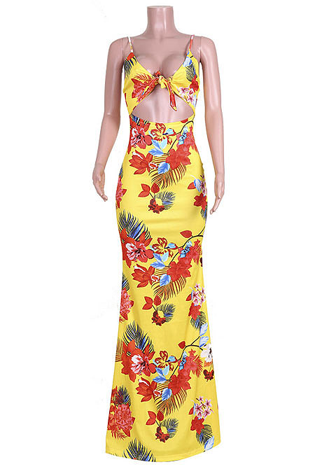 Euramerican Printing Bind Back Hollow Out Long Dress JZH8040