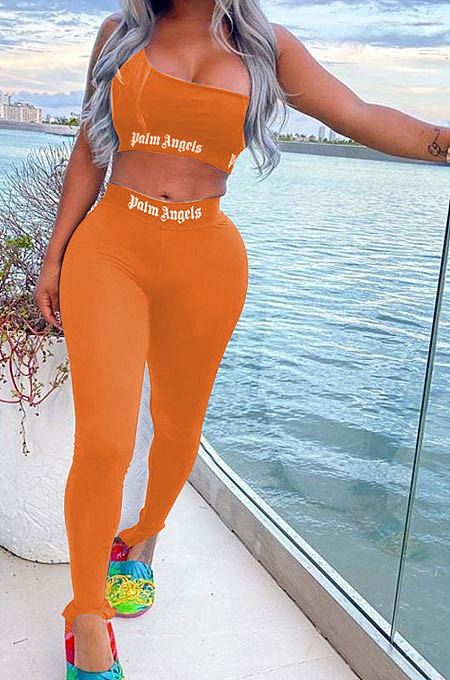 Pure Color Trendy Letter Printing Tight Sport Pants Sets MF6608