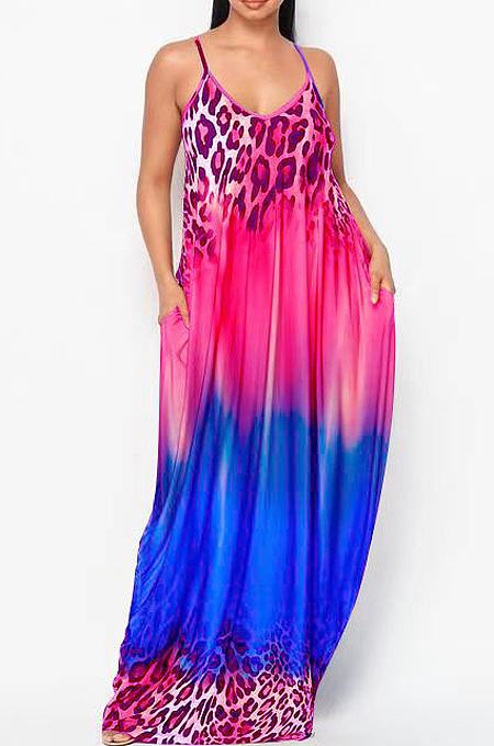 Casual Print Gradinet Loose Sling Long Dress F8352