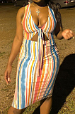 Fashion Stripe Bind Printing Tight Dress QL1002
