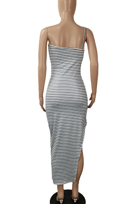 Off Shoulder Gallus Club Open Fork Stripe Midi Dress SH7256