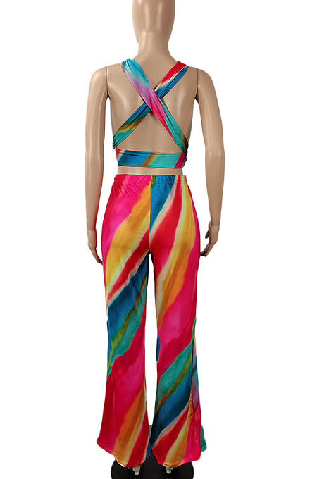 Sexy Trendy Bind Loose Gradual Change Printing Pants Sets SH7254