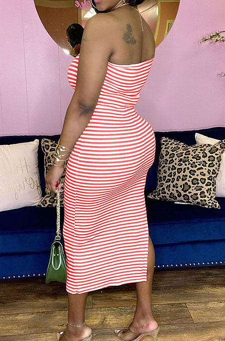 Off Shoulder Gallus Club Open Fork Stripe Midi Dress SH7256
