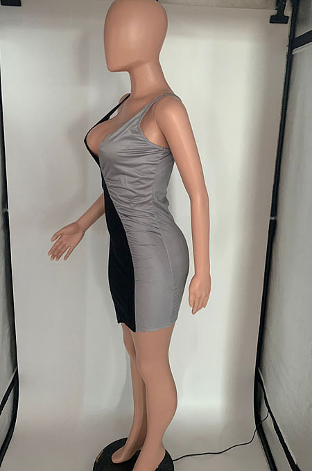 Sexy V Neck Contrast Color Irregularity Sling Dress KKY8014