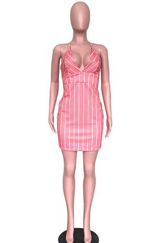 Sexy Womne Stripe Printing Backless Sleeveless Mini Dress ASM5020