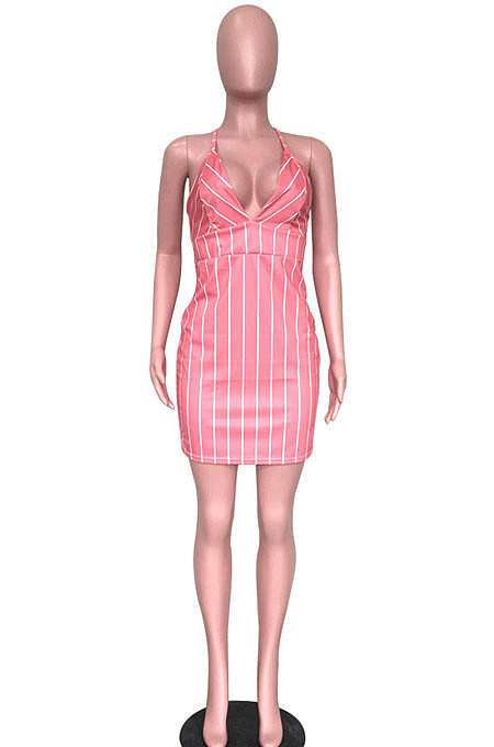 Sexy Womne Stripe Printing Backless Sleeveless Mini Dress ASM5020