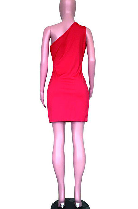 Fashion Sexy Inclined Shoulder Hollow Out Pure Color Mini Dress ASM5007