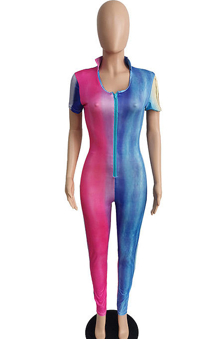 Sexy Colorful Print Pachage Hip Cultivate One's Morality Short Sleeve Zipper Jumpsuit MK025