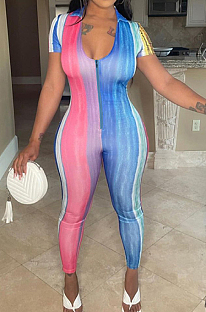 Sexy Colorful Print Pachage Hip Cultivate One's Morality Short Sleeve Zipper Jumpsuit MK025