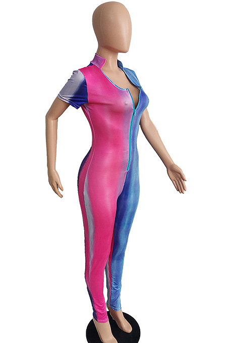 Sexy Colorful Print Pachage Hip Cultivate One's Morality Short Sleeve Zipper Jumpsuit MK025