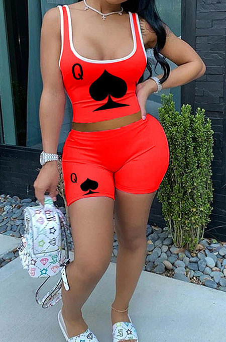 Fashion Print Sexy Sport Vest Spades Q Two-Piece KKY8003