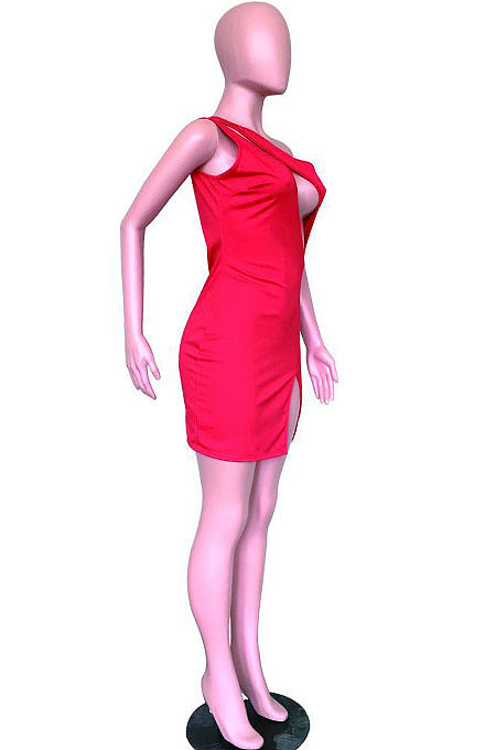 Fashion Sexy Inclined Shoulder Hollow Out Pure Color Mini Dress ASM5007