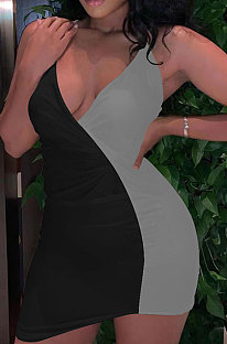 Sexy V Neck Contrast Color Irregularity Sling Dress KKY8014