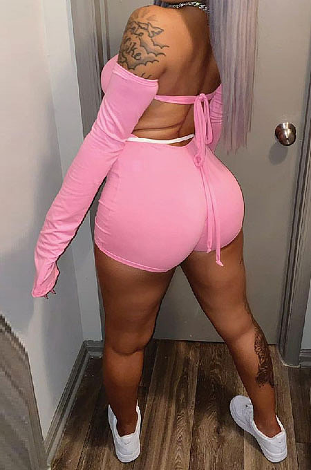 A Word Shoulder Pure Color Tight Backless Knotted Strap Romper Shorts MLM9054