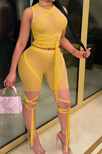 Sexy Net Yarn Perspective Bind Pure Color Sleeveless Shorts Sets MLM9053