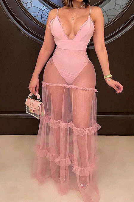 Sexy Mesh Spliced  V Neck Solid Color Backless Condole Belt Dress MLM9057
