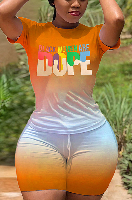 Fashion Summer Gradient Letter Print Casual Two-Piece YFS3506