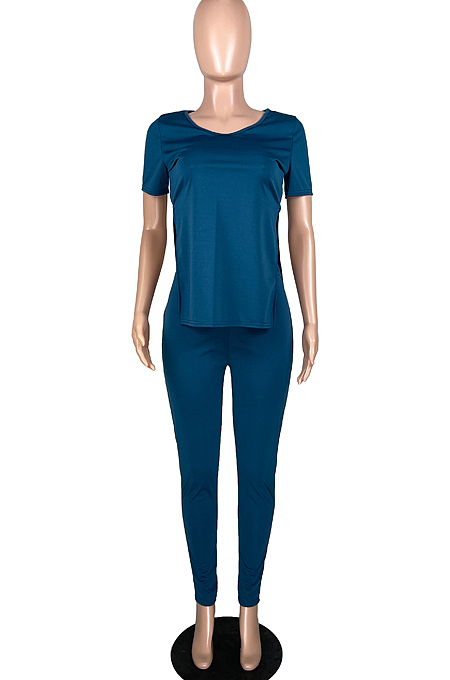 Women Casual Pure Color V Neck Open Fork Short Sleeve Two-Piece YFS3679