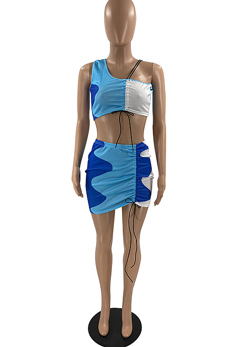 Fshion Print Sleeveless Midriff Drawsting Short Skirt Two-Piece SYY8050