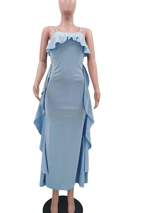 Fashion Pure Color Falbala Sling Long Dress TK6169 