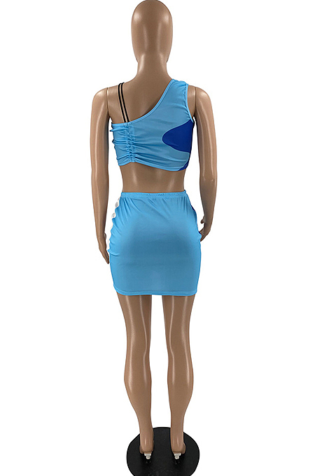 Fshion Print Sleeveless Midriff Drawsting Short Skirt Two-Piece SYY8050