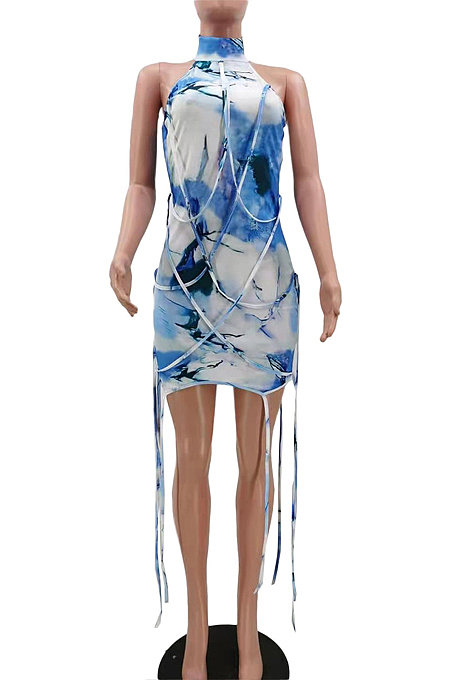 Women Personality Rope Decoration Print Dress TK6165