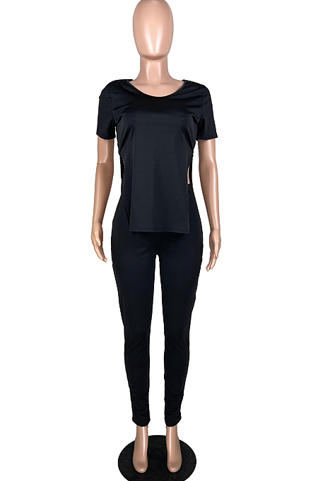Women Casual Pure Color V Neck Open Fork Short Sleeve Two-Piece YFS3679