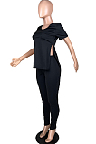 Women Casual Pure Color V Neck Open Fork Short Sleeve Two-Piece YFS3679