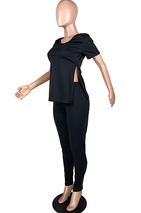 Women Casual Pure Color V Neck Open Fork Short Sleeve Two-Piece YFS3679