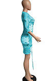 Printing Medium Length Sleeve V Neck High Waist Mini Dress AYL2028