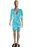 Printing Medium Length Sleeve V Neck High Waist Mini Dress AYL2028